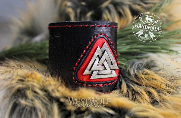VICTON KAPSULコラボ ブレスレット スンウ Leather Viking Valknut Bracelet or Wrist Cuff - Stitched Black
