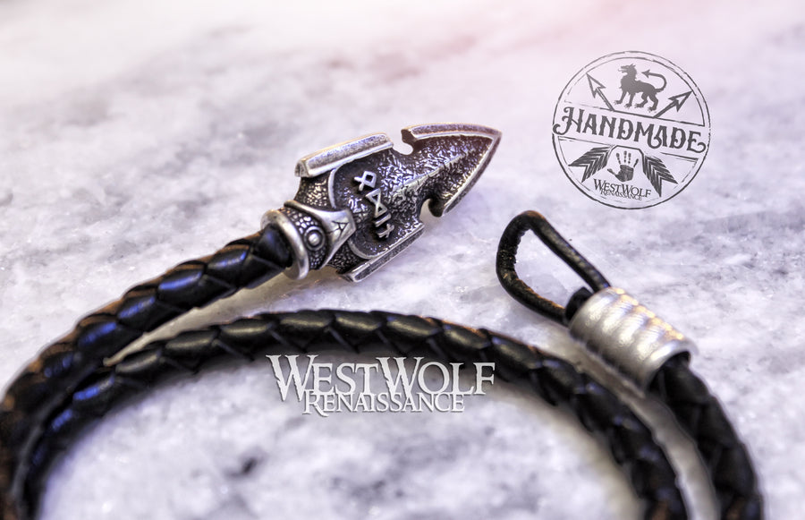 Viking Gungnir Spear of Odin Bracelet in Multiple Sizes - with Black Braided Leather Cord