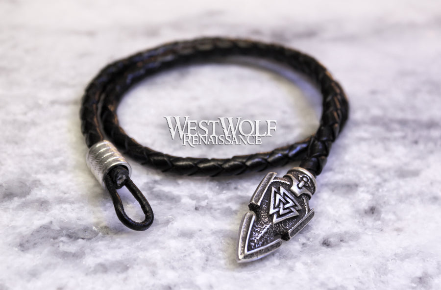 Viking Gungnir Spear of Odin Bracelet in Multiple Sizes - with Black Braided Leather Cord