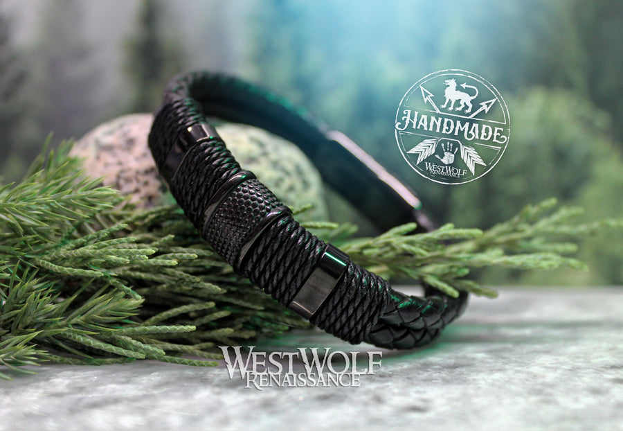 Black Braided Leather Bracelet with Stainless Steel Magnetic Closure