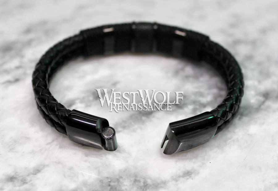 Black Braided Leather Bracelet with Stainless Steel Magnetic Closure