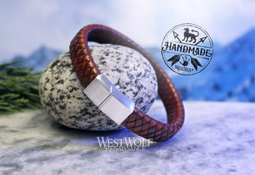 Braided Leather Bracelet with Stainless Steel Magnetic Closure - Reddish Brown Color