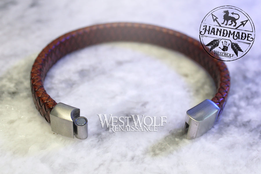 Braided Leather Bracelet with Stainless Steel Magnetic Closure - Reddish Brown Color