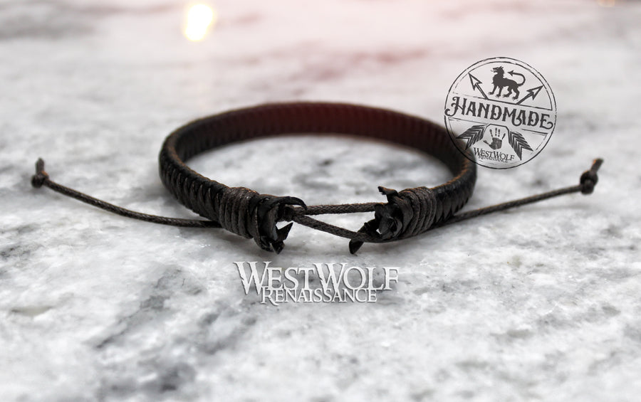 Leather Viking Snake Weave Bracelet - Adjustable Size - Brown and Black - Made of Leather and Rope