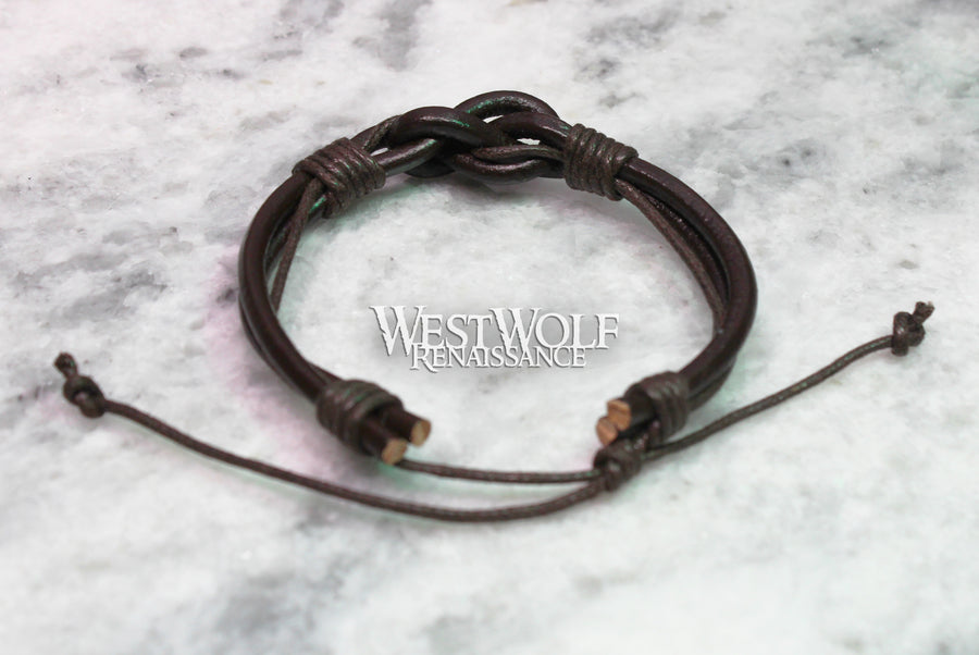 Leather Viking Knot Bracelet - Adjustable Size - Made of Thick Leather and Rope - Your Choice of Brown or Black