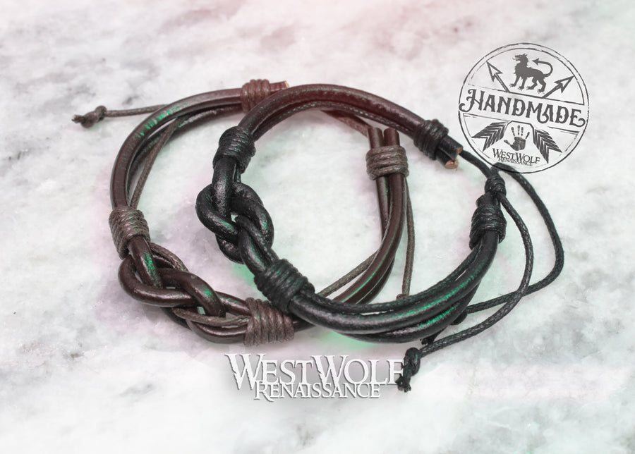 Leather Viking Knot Bracelet - Adjustable Size - Made of Thick Leather and Rope - Your Choice of Brown or Black