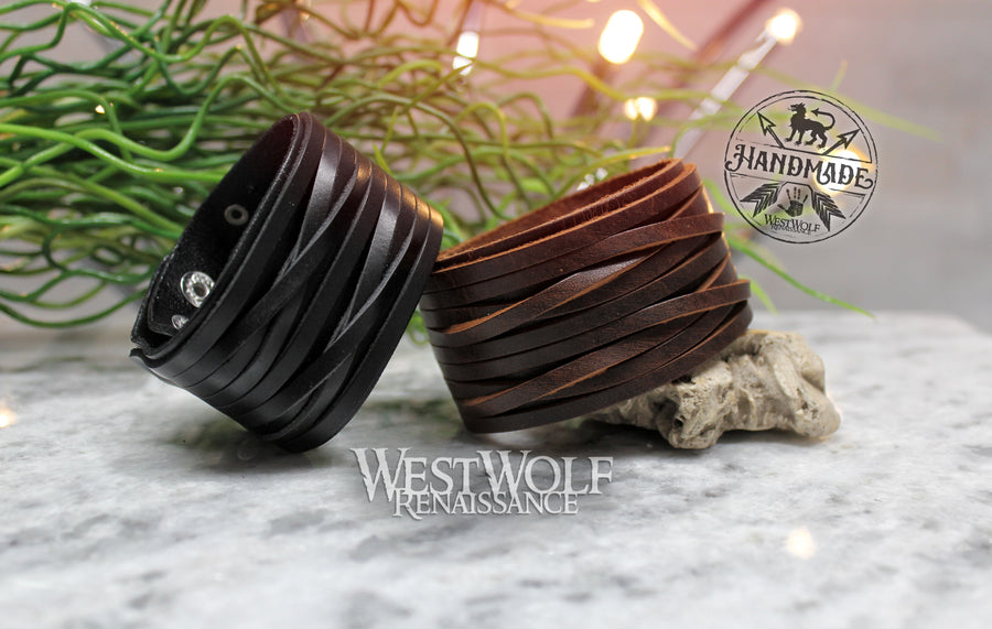 Leather Viking Wrap Style Bracelet or Wrist Cuff - Adjustable Size - Your Choice of Brown or Black