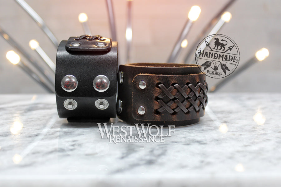 Wide Leather Bracelet or Wrist Cuff with Double 