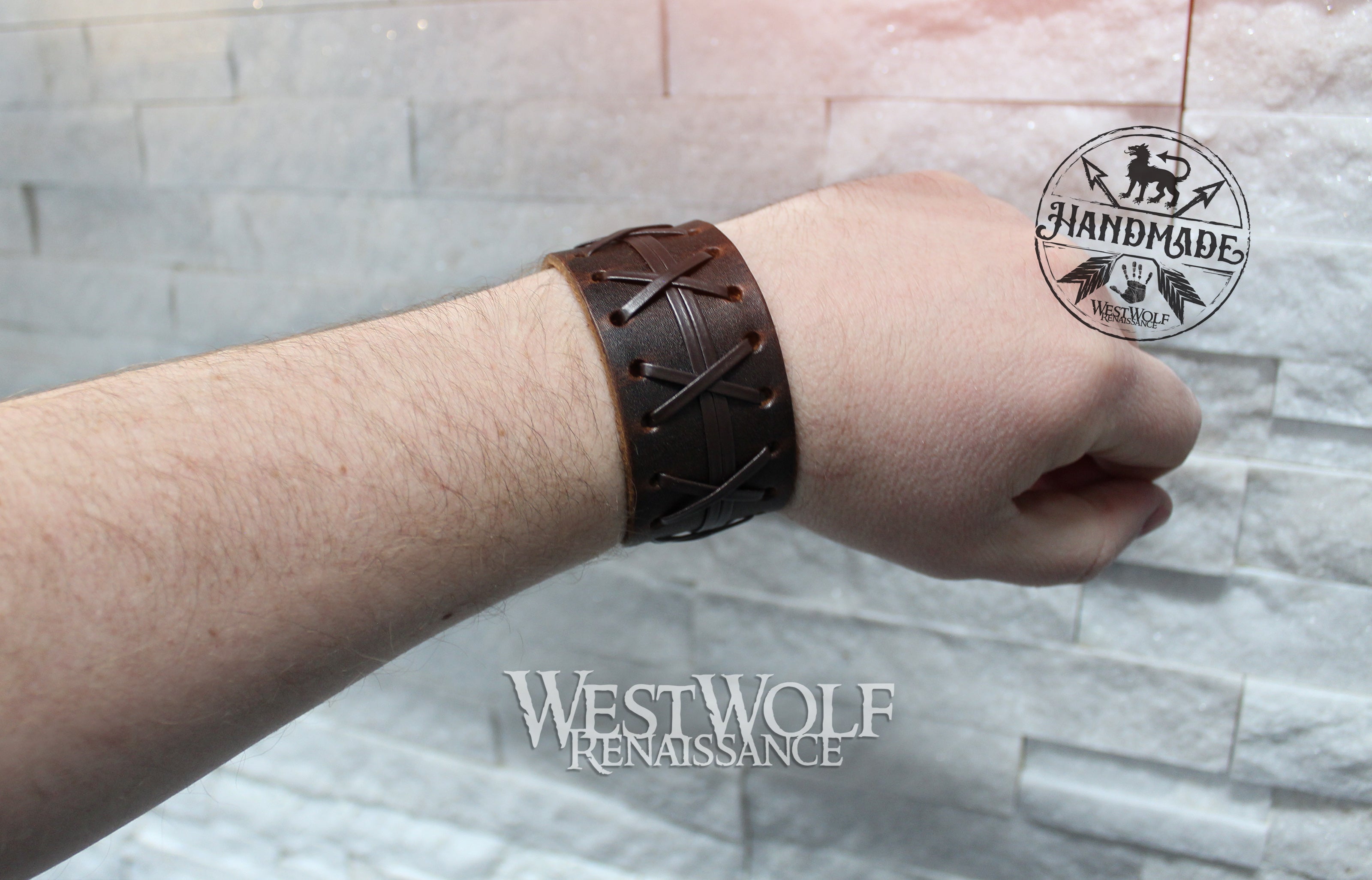 Wide Leather Bracelet or Wrist Cuff with 
