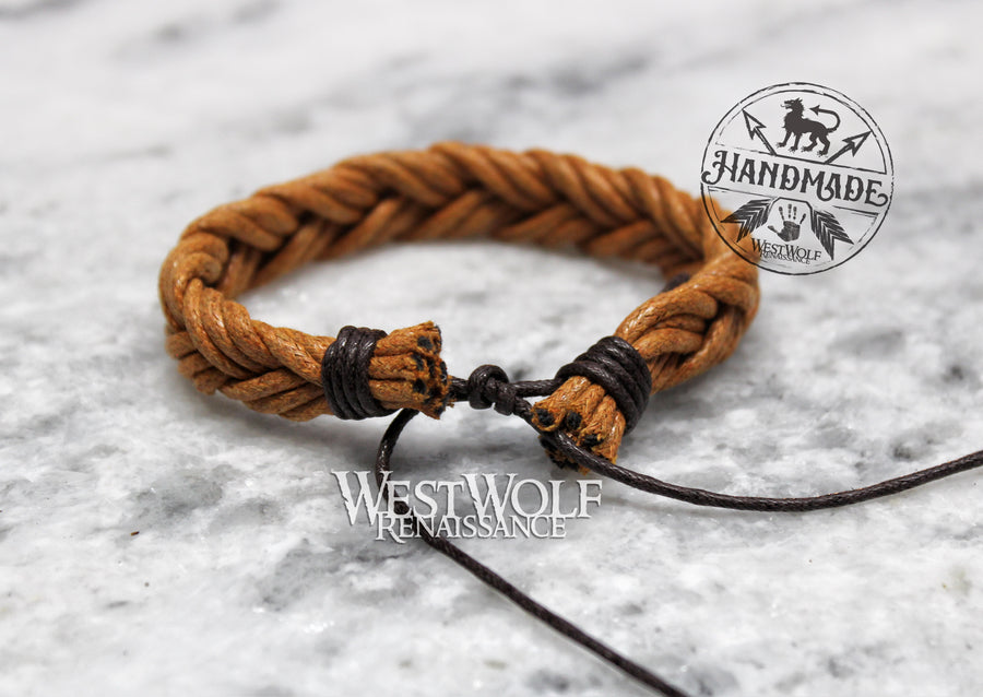 Viking Braided Rope Bracelet - Adjustable Size - Simple Pattern - Light Golden Brown Color