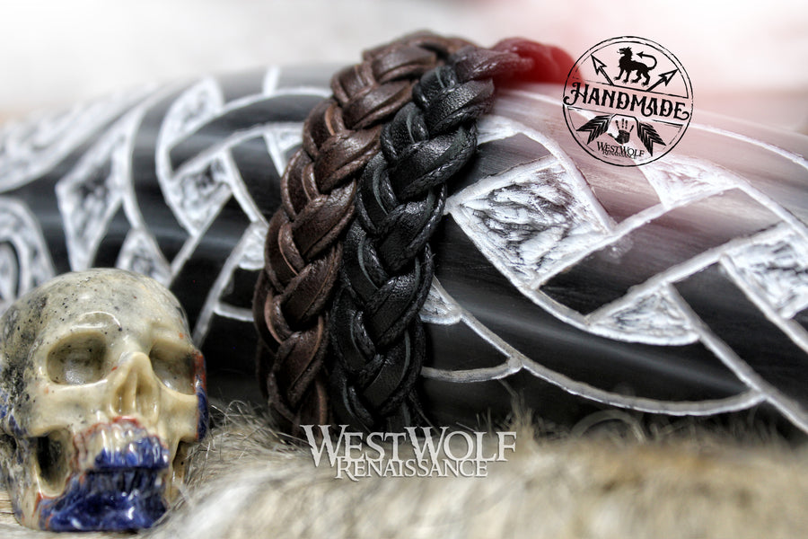 Leather Viking Braid Bracelet - Adjustable Size - Your Choice of Brown or Black - Made of Leather and Rope