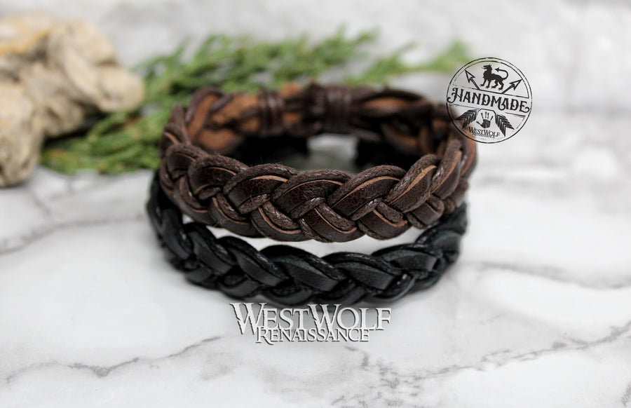 Leather Viking Braid Bracelet - Adjustable Size - Your Choice of Brown or Black - Made of Leather and Rope