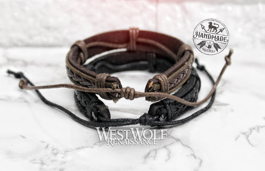 Leather Viking Thin Braid Bracelet - Adjustable Size - Made of Leather, Lace and Rope