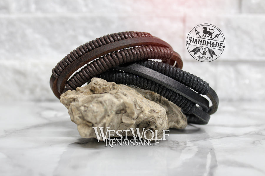 Leather Viking Coil-Wrapped Bracelet - Adjustable Size - Made of Leather and Rope