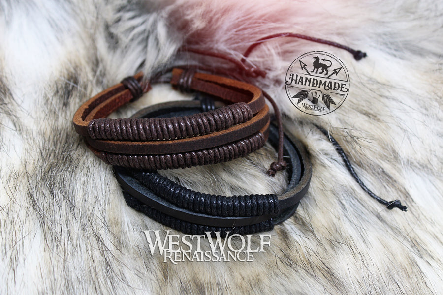 Leather Viking Coil-Wrapped Bracelet - Adjustable Size - Made of Leather and Rope