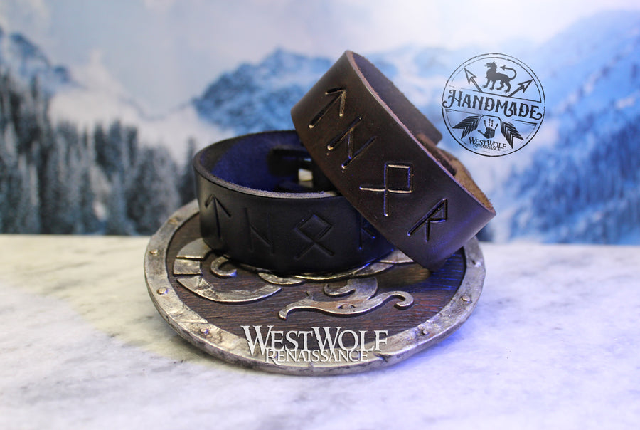 Viking THOR Embossed Rune Bracelet or Wrist Cuff - Made of Thick Leather - Your Choice of Brown or Black