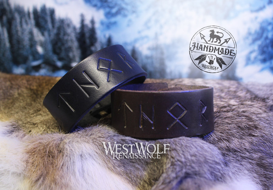 Viking THOR Embossed Rune Bracelet or Wrist Cuff - Made of Thick Leather - Your Choice of Brown or Black