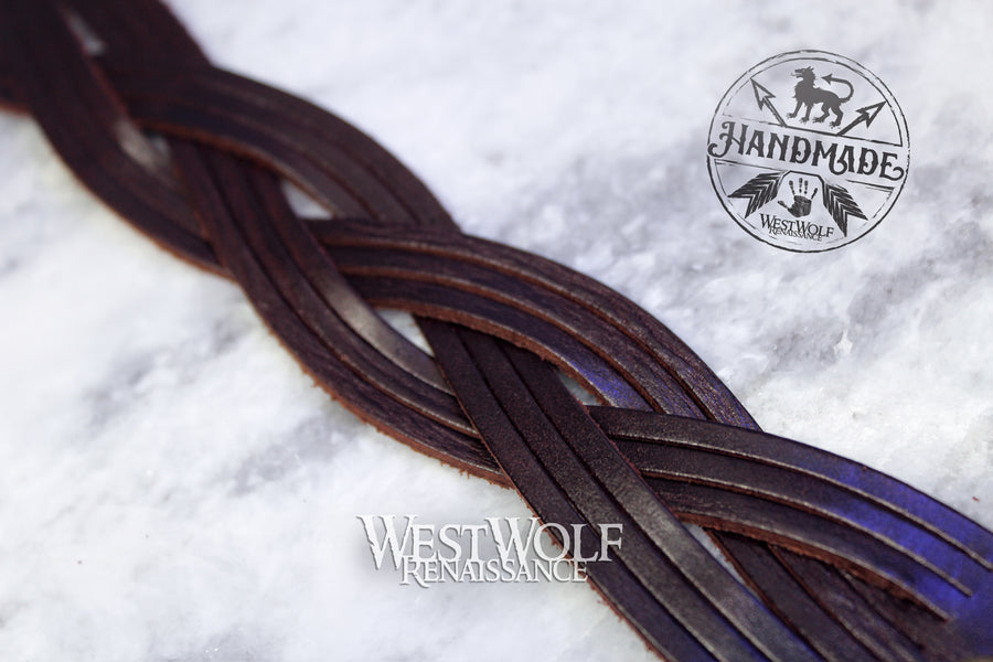 Leather Viking Large Braid Style Bracelet - Adjustable Size - Triple Braided Pattern