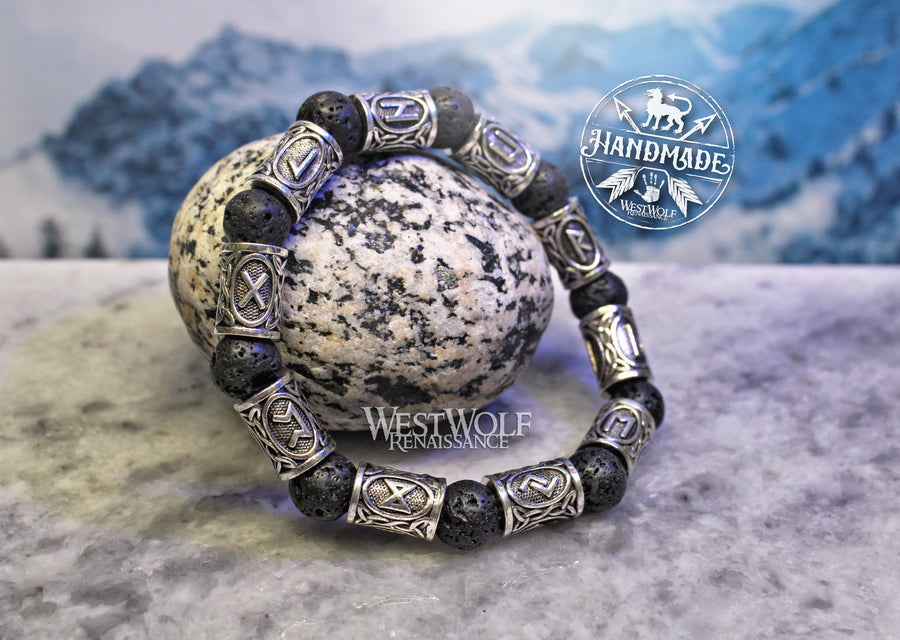 Icelandic Black Lava Rock Bracelet with Viking Rune Beads