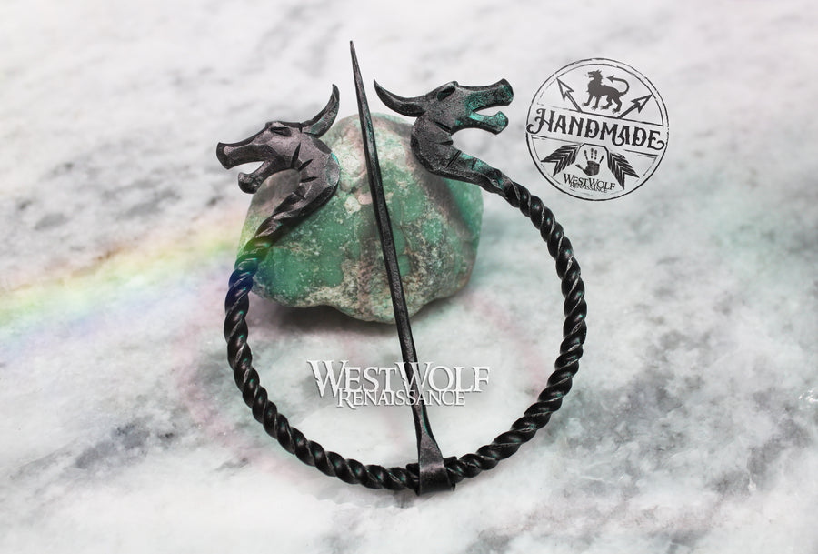 Hand-Forged Viking Dragon Head Brooch with 2 Size Options