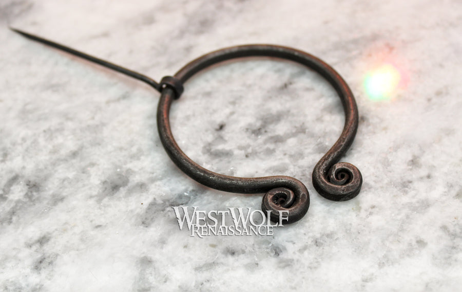 Hand-Forged Steel Pennanular Brooch with Curled Spiral Terminals