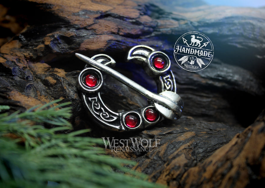 Viking Raven Brooch with Red Glass Stones - Penannular Style Broach or Pin