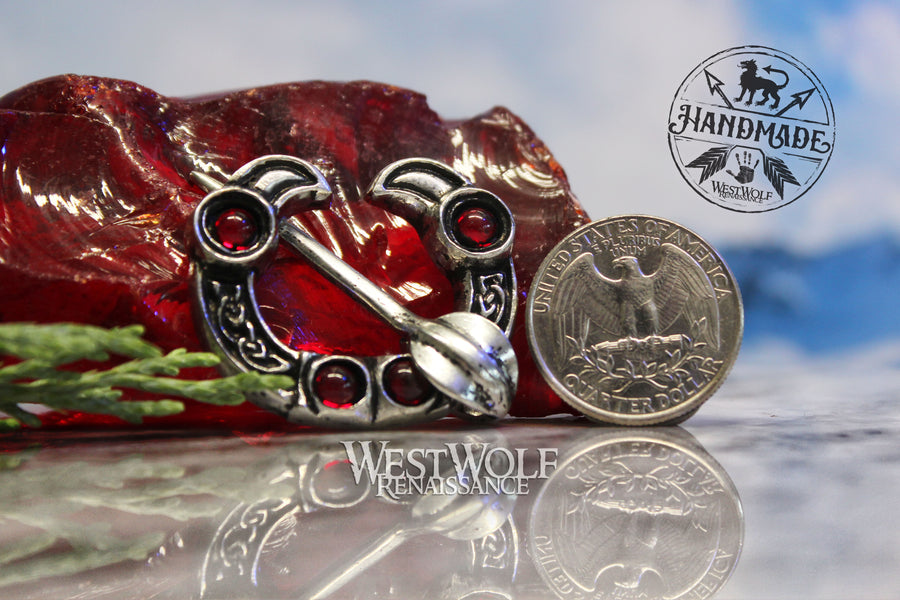 Viking Raven Brooch with Red Glass Stones - Penannular Style Broach or Pin