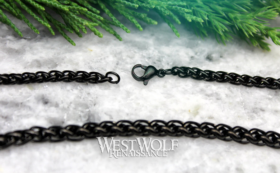 Braided Wheat Style Chains for Pendants in Multiple Sizes - High Quality Black Stainless Steel - Black