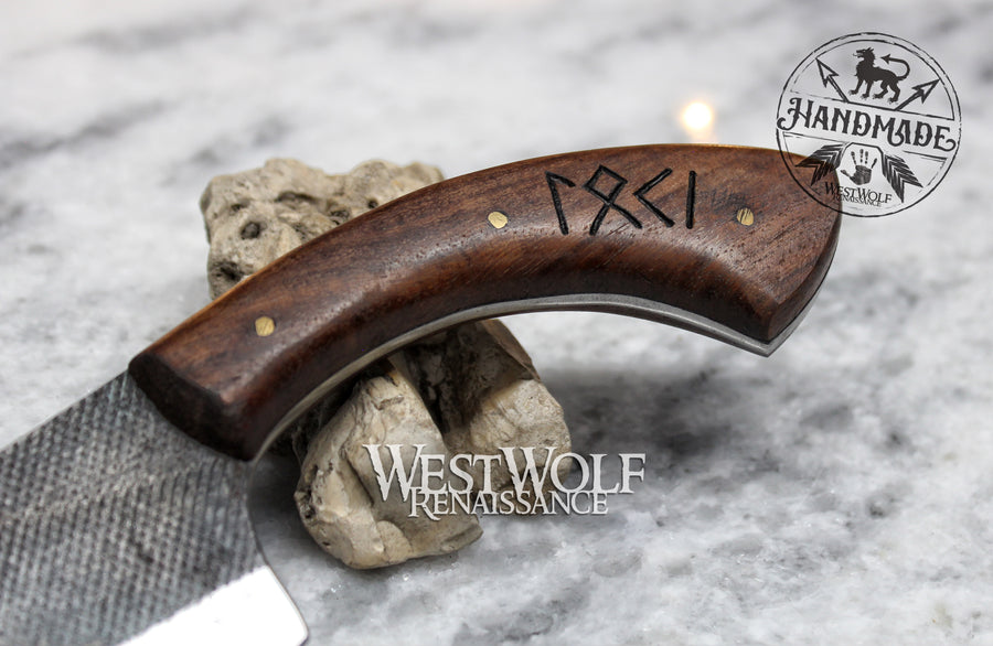 Hand-Forged Steel Viking Knife of LOKI with Carved Rune Handle and Full-Tang Blade