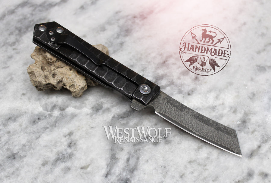 Damascus Steel Frame-Lock Folding Pocket Knife with Belt Clip and Chopper Style Blade