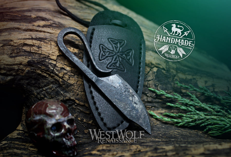 Small Hand-Forged Functional Viking Knife Necklace with Leather Sheath - Black