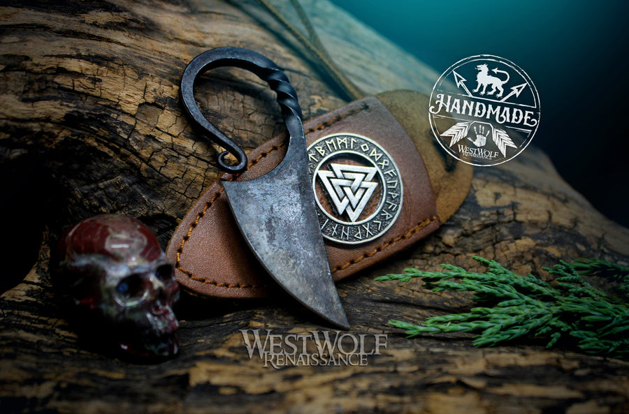Small Hand-Forged Functional Viking Knife Necklace with Leather Sheath