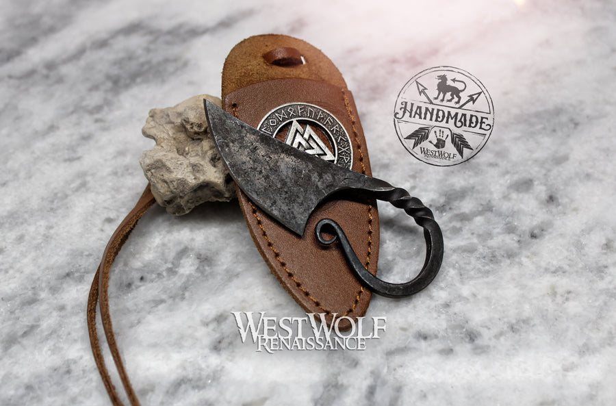Small Hand-Forged Functional Viking Knife Necklace with Leather Sheath