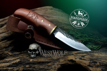 Hand-Forged Steel Viking Knife with Custom Carved Runes and Leather Sheath