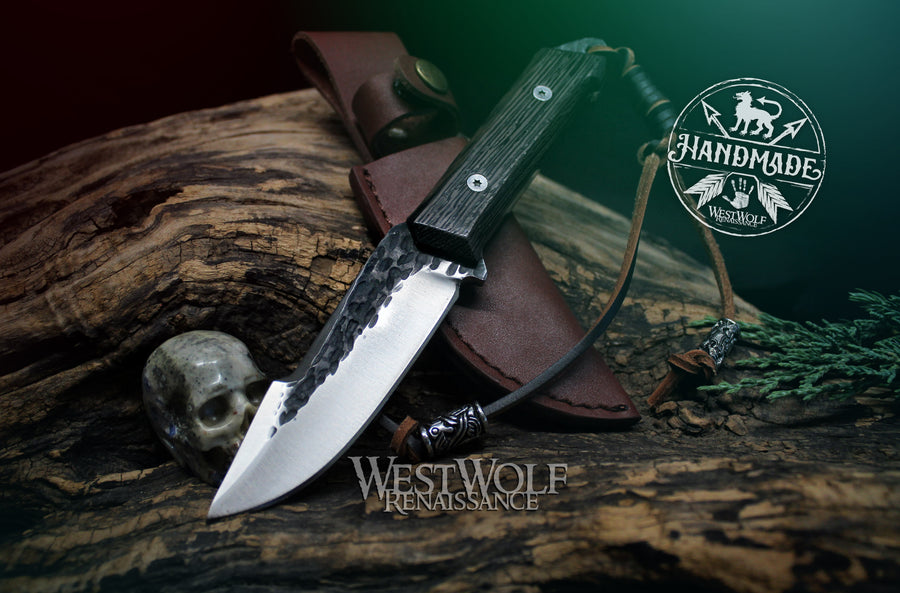 Hand-Forged Steel Viking Knife with Custom Carved Runes and Leather Sheath + Viking Beads and Full-Tang Blade