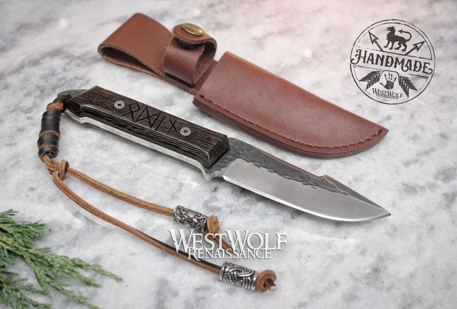 Hand-Forged Steel Viking Knife with Custom Carved Runes and Leather Sheath + Viking Beads and Full-Tang Blade
