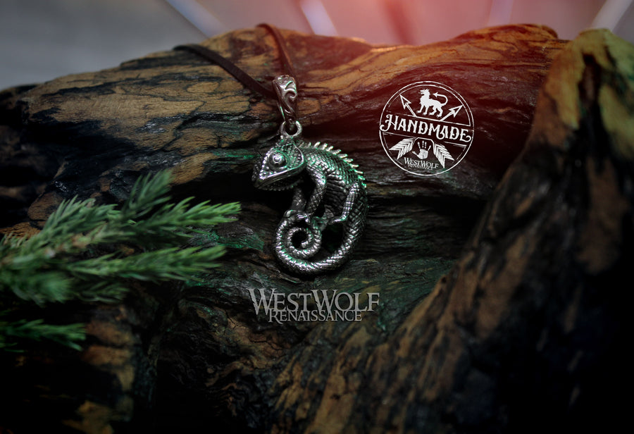 Chameleon Pendant - Stainless Steel Lizard with Spiral Tail