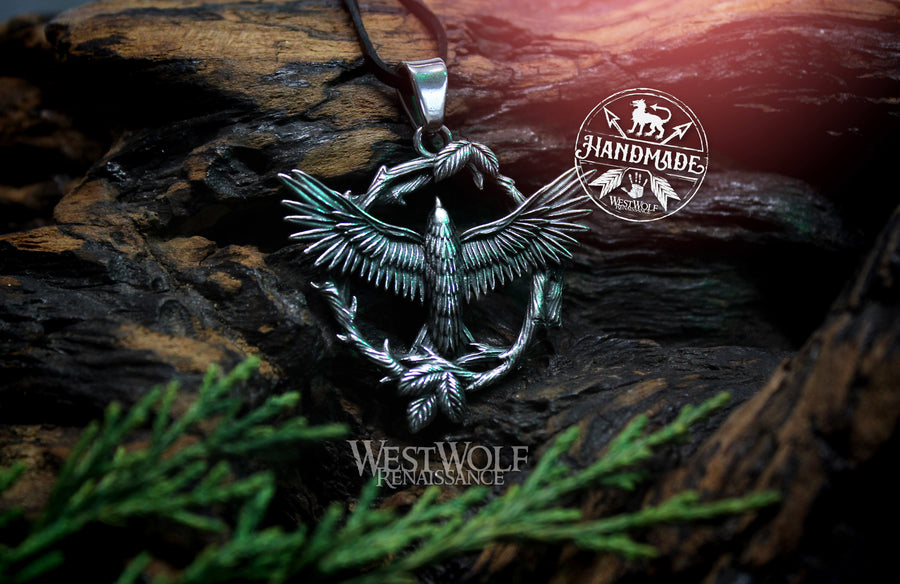 Raven and Wreath Pendant in Polished Stainless Steel