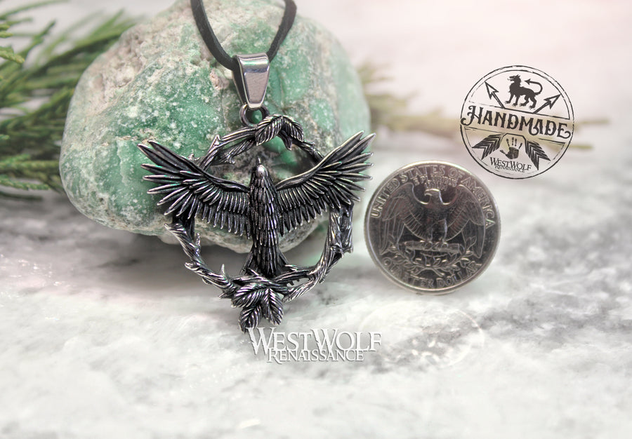 Raven and Wreath Pendant in Polished Stainless Steel