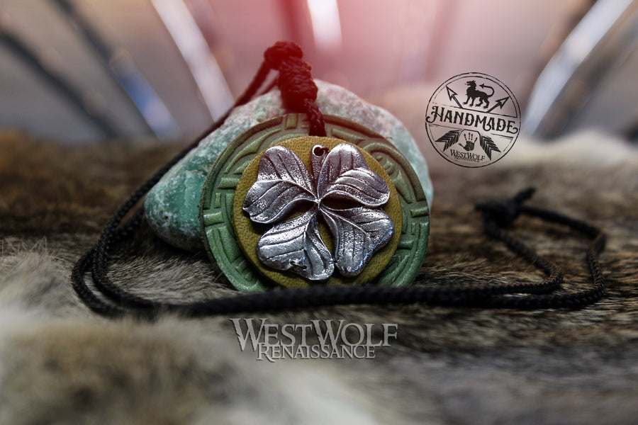 Lucky Four-Leaf Clover Pendant with Green Leather Backing