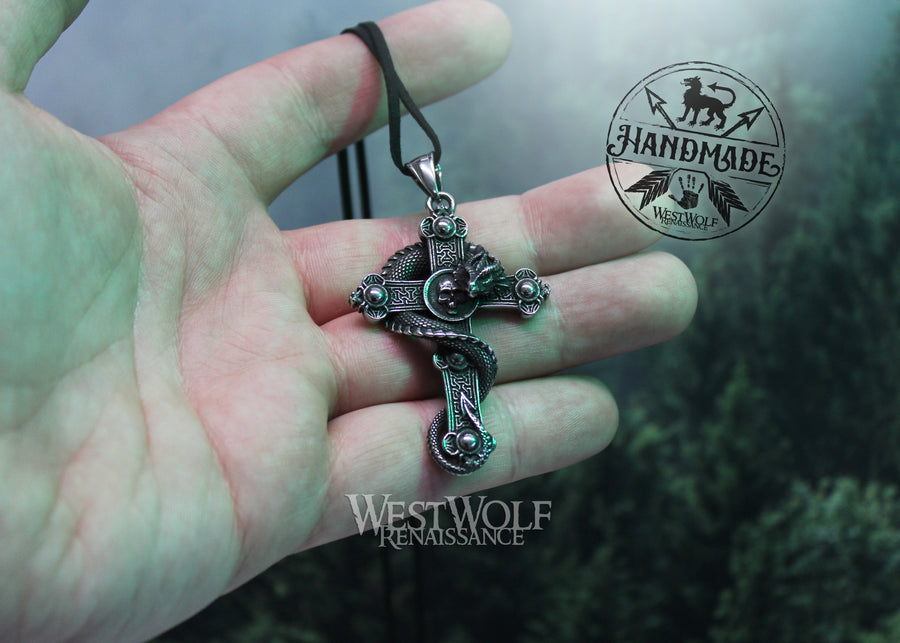 Christian Cross Pendant with Dragon and Skull