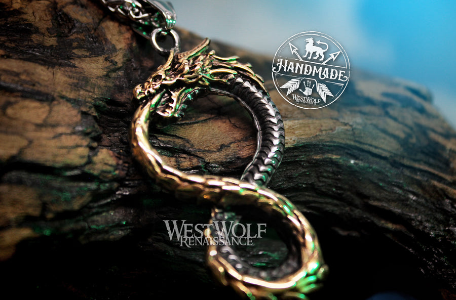 Viking Dragon Infinity Knot Pendant with Chain Necklace - Ouroboros and Jormungandr of Norse Mythology
