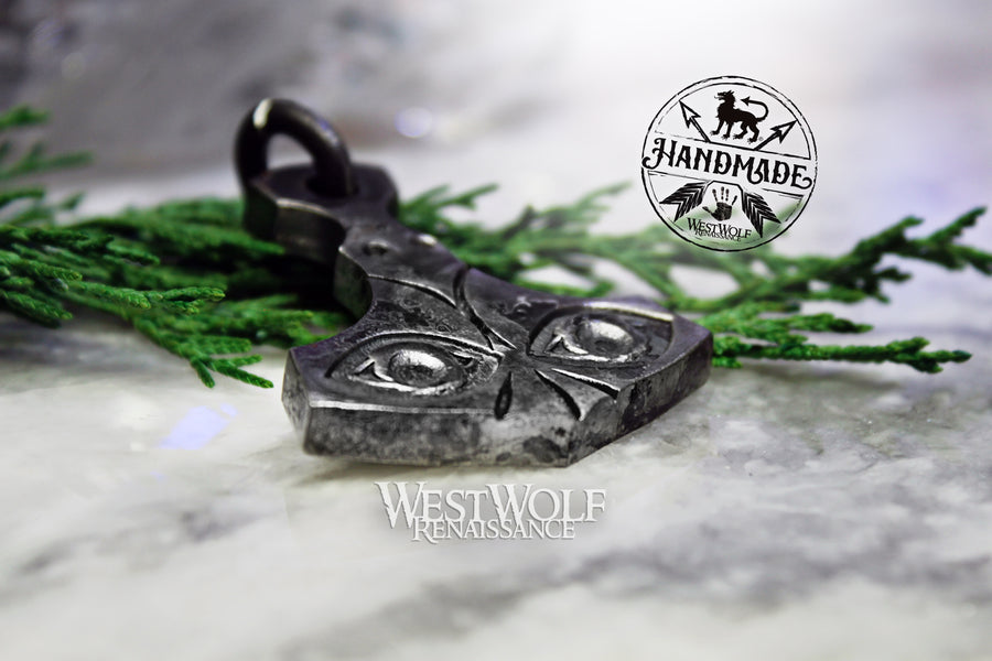 Hand-Forged Steel Viking MJOLNIR Thor's Hammer Pendant with Eyes