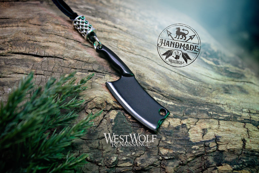 Small Black Cleaver Knife Pendant - Sharp Functional Cleaver or Butcher's Chopper Blade with Leather Sheath - Miniature Necklace