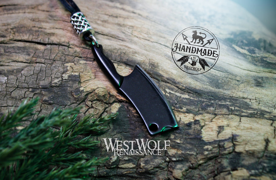 Small Black Cleaver Knife Pendant - Sharp Functional Cleaver or Butcher's Chopper Blade with Leather Sheath - Miniature Necklace