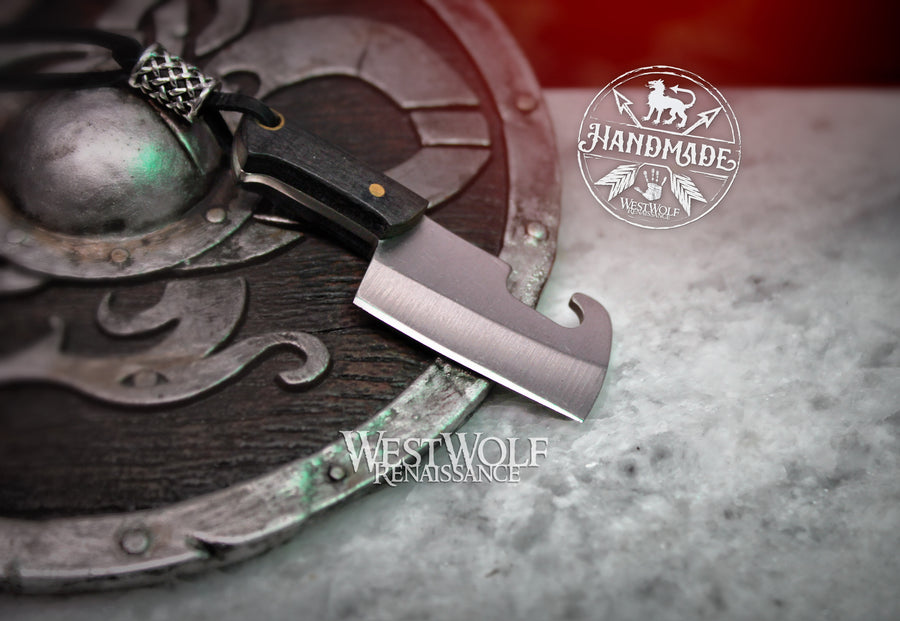 Small Full-Tang Cleaver Knife Pendant - Sharp Functional Chopper Blade with Bottle Opener and Leather Sheath - Miniature Necklace