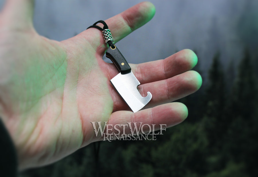 Small Full-Tang Cleaver Knife Pendant - Sharp Functional Chopper Blade with Bottle Opener and Leather Sheath - Miniature Necklace
