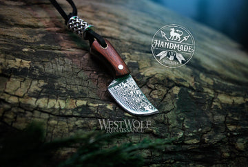 Small Miniature Damascus Steel Knife Pendant - Sharp Functional Blade with Leather Sheath