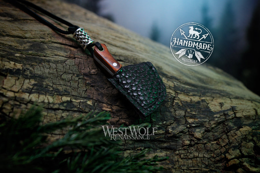 Small Miniature Damascus Steel Knife Pendant - Sharp Functional Blade with Leather Sheath