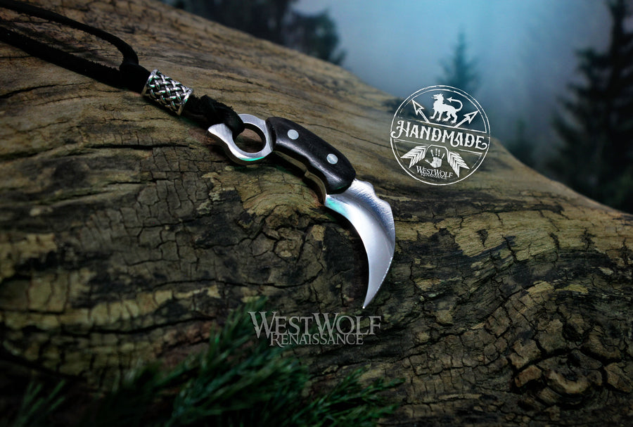 Small Full-Tang Karambit Knife Pendant - Sharp Functional Blade with Leather Sheath and Bead